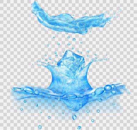 Translucent water surface with crown and drops from falling ice cubes. Splash in light blue colors, isolated on transparent backdrop.のイラスト素材