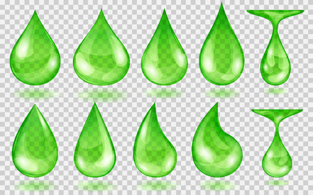 Set of translucent water drops in green colors in various shapes, isolated on transparent background. Transparency only in vector formatのイラスト素材