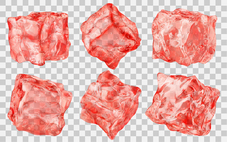 Set of six realistic translucent ice cubes in red color isolated on transparent background. Transparency only in vector formatのイラスト素材