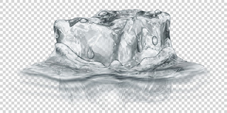 One big realistic translucent ice cube in gray color half submerged in water. Isolated on transparent background. Transparency only in vector formatのイラスト素材