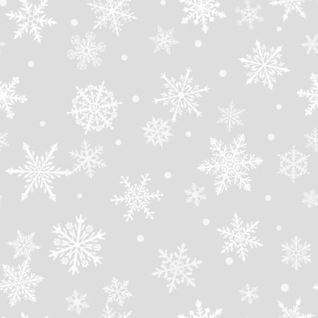 Christmas seamless pattern of complex big and small snowflakes in white colors on grayのイラスト素材