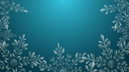 Christmas composition of large complex transparent snowflakes in light blue colors on dark gradient background. Transparency only in vector formatのイラスト素材
