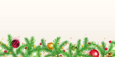 Christmas banner with pine branches, balls, golden snowflakes and pieces of serpentine on white background. Horizontal repetition.のイラスト素材