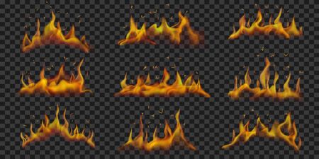 Set of translucent horizontal fire flames on transparent background.のイラスト素材