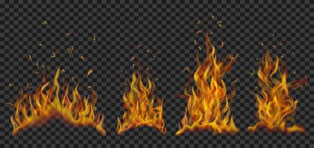 Set of translucent burning campfires of flames and sparks on transparent background. For used on dark background.のイラスト素材