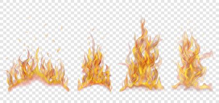 Set of translucent burning campfires of flames and sparks on transparent background. For used on light background.のイラスト素材