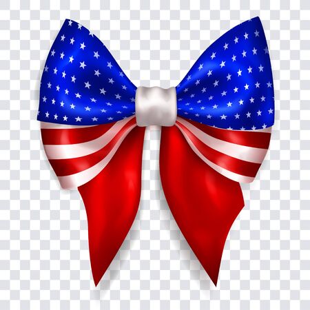 Beautiful big bow in colors of USA flag made of shiny ribbon with shadow on transparent background. Transparency only in vector formatのイラスト素材