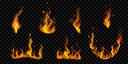 Set of translucent burning campfires and fire flames with sparks on transparent background. For used on dark illustrations. Transparency only in vector formatのイラスト素材