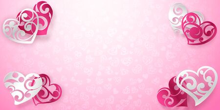 Valentine's day card with red and white hearts with curls and shadows on pink backgroundのイラスト素材