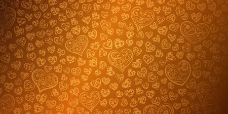Background of big and small hearts with curls in yellow and golden colors. Illustration on...