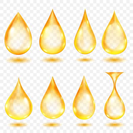 Set of translucent water drops in yellow colors in various shapes, isolated on transparent background. Transparency only in vector formatのイラスト素材