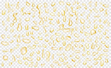 Set of translucent water drops in yellow colors in various shapes, isolated on transparent background. Transparency only in vector formatのイラスト素材