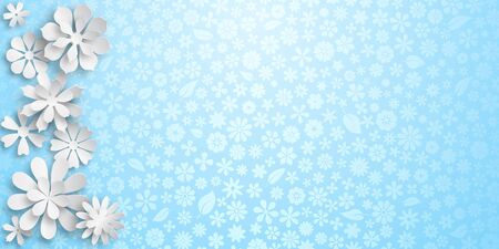 Background with floral texture in light blue colors and several big white paper flowers with soft shadowsのイラスト素材