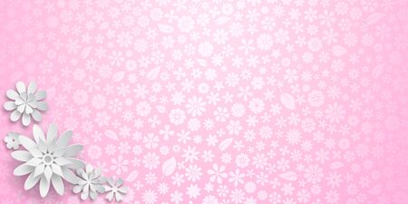 Background with floral texture in pink colors and several big white paper flowers with soft shadowsのイラスト素材