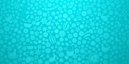 Background of small flowers and eggs, cake, hare, hen, chicken and other Easter symbols in light blue colorsのイラスト素材