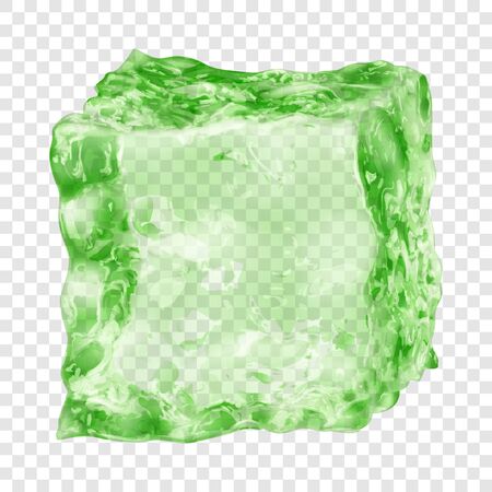 Realistic translucent ice cube in green color isolated on transparent background. Transparency only in vector formatのイラスト素材