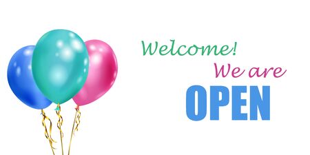 Illustration with several colorful balloons with ribbons and inscription WE ARE OPEN on white backgroundのイラスト素材