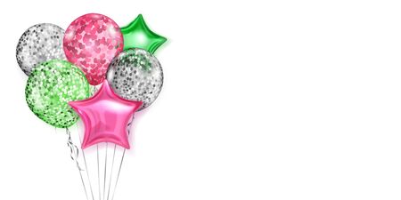 Illustration with bunch of shiny balloons in red, green and silver colors, round and in the shape of stars, with ribbons and shadows, on white backgroundのイラスト素材