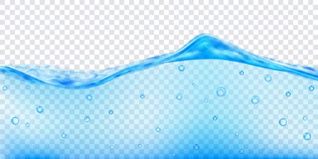 Translucent water wave in light blue colors with air bubbles, isolated on transparent background. Transparency only in vector fileのイラスト素材