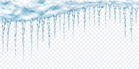 Group of translucent light blue realistic icicles of different lengths connected at the top. For use on light background. Transparency only in vector formatのイラスト素材