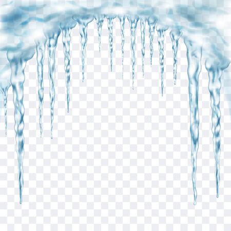 Group of translucent light blue realistic icicles of different lengths connected at the top. For use on light background. Transparency only in vector formatのイラスト素材