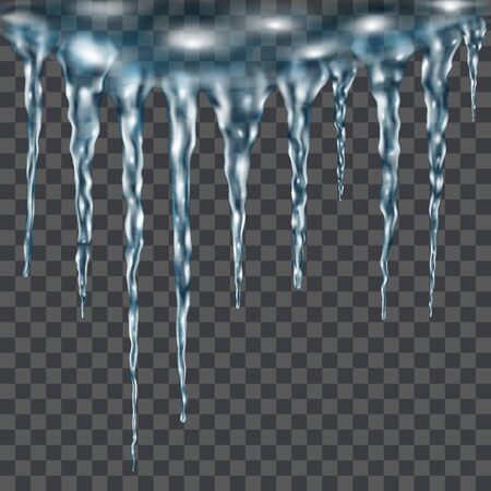 Group of translucent light blue realistic icicles of different lengths connected at the top. For use on dark background. Transparency only in vector formatのイラスト素材
