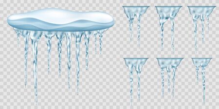 Snowdrift with hanging light blue realistic translucent icicles and a few extra. For use on light background. Transparency only in vector formatのイラスト素材
