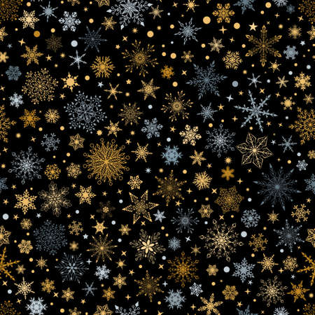 Christmas seamless pattern with various complex big and small snowflakes, gray and yellow on black backgroundのイラスト素材