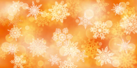 Christmas background of blurry snowflakes in yellow colorsの写真素材