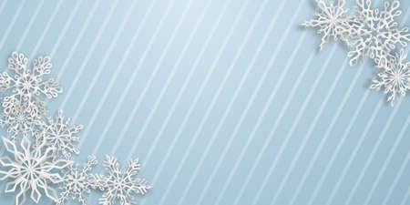 Christmas background with several paper snowflakes with soft shadows on light blue striped backgroundのイラスト素材