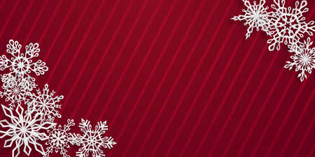 Christmas background with several paper snowflakes with soft shadows on red striped backgroundのイラスト素材