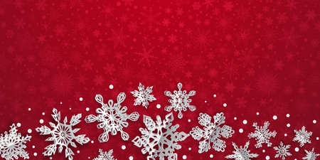 Christmas background with volume paper snowflakes with soft shadows on red backgroundの写真素材