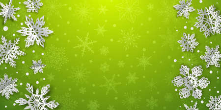 Christmas background with volume paper snowflakes with soft shadows on light green backgroundのイラスト素材