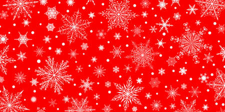Christmas background of various complex big and small snowflakes, white on red
