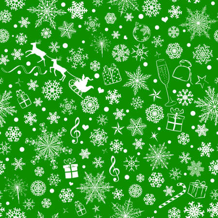 Christmas seamless pattern of various snowflakes and holiday symbols, white on green backgroundのイラスト素材