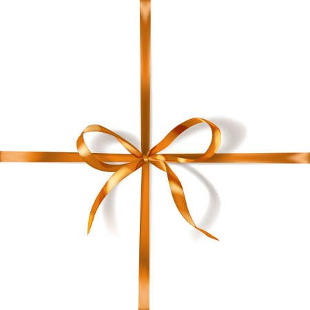 Golden bow made of narrow crosswise ribbon with shadow on white background. Criss-cross arrangementのイラスト素材