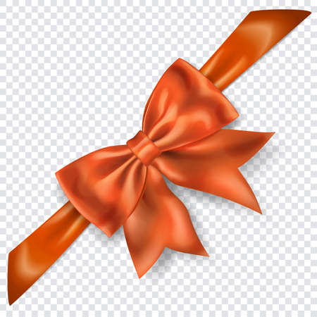 Beautiful orange bow with diagonally ribbon with shadow on transparent background. Transparency only in vector formatのイラスト素材