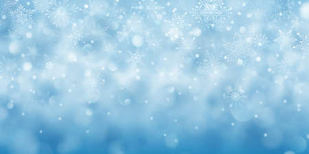 Christmas background of complex big and small falling snowflakes in light blue colors with bokeh effectのイラスト素材