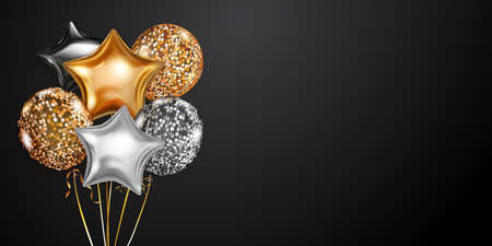 Festive background with golden and silver air balloons and shiny pieces of serpentine. Vector illustration for posters, flyers or cards.のイラスト素材
