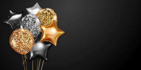 Festive background with golden and silver air balloons and shiny pieces of serpentine. Vector illustration for posters, flyers or cards.のイラスト素材