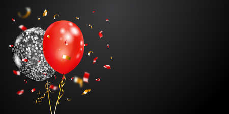 Festive background with silver and red air balloons and shiny pieces of serpentine. Vector illustration for posters, flyers or cards.のイラスト素材