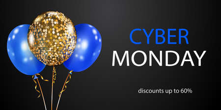Cyber Monday sale banner with blue and golden balloons on black background.のイラスト素材