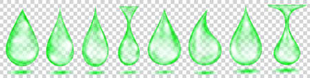 Set of translucent water drops in green colors in various shapes, isolated on transparent background. Transparency only in vector formatのイラスト素材