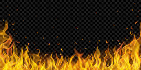 Translucent fire flames and sparks on transparent background. For used on dark illustrations. Transparency only in vector formatのイラスト素材