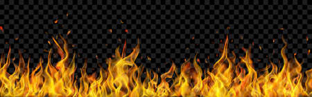 Translucent fire flames and sparks with horizontal repetition on transparent background. For used on dark illustrations. Transparency only in vector formatのイラスト素材