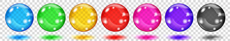 Set of translucent colored spheres with glares and shadows on transparent background. Transparency only in vector formatのイラスト素材