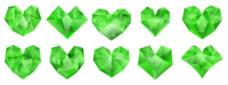 Set of green hearts of various shape made of crystalsのイラスト素材