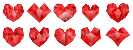 Set of red hearts of various shape made of crystalsのイラスト素材