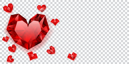 Illustration of red hearts made of crystals witn shadows on transparent backgroundのイラスト素材