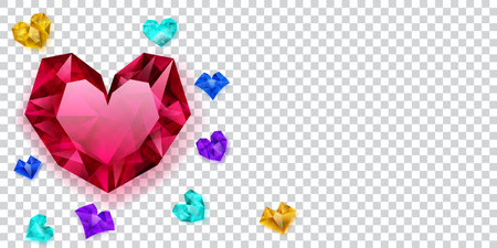 Illustration of multicolored hearts made of crystals witn shadows on transparent backgroundのイラスト素材